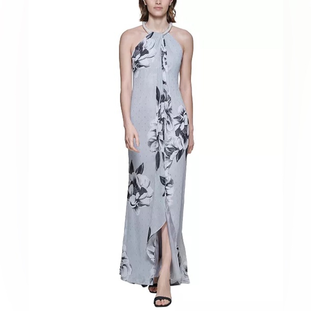Calvin Klein Floral Halter Maxi Dress - Light Gray